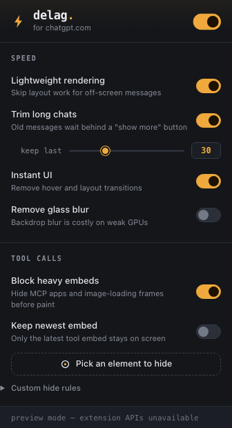 GPT Delagger popup showing rendering, trimming, tool-embed, and Zap controls